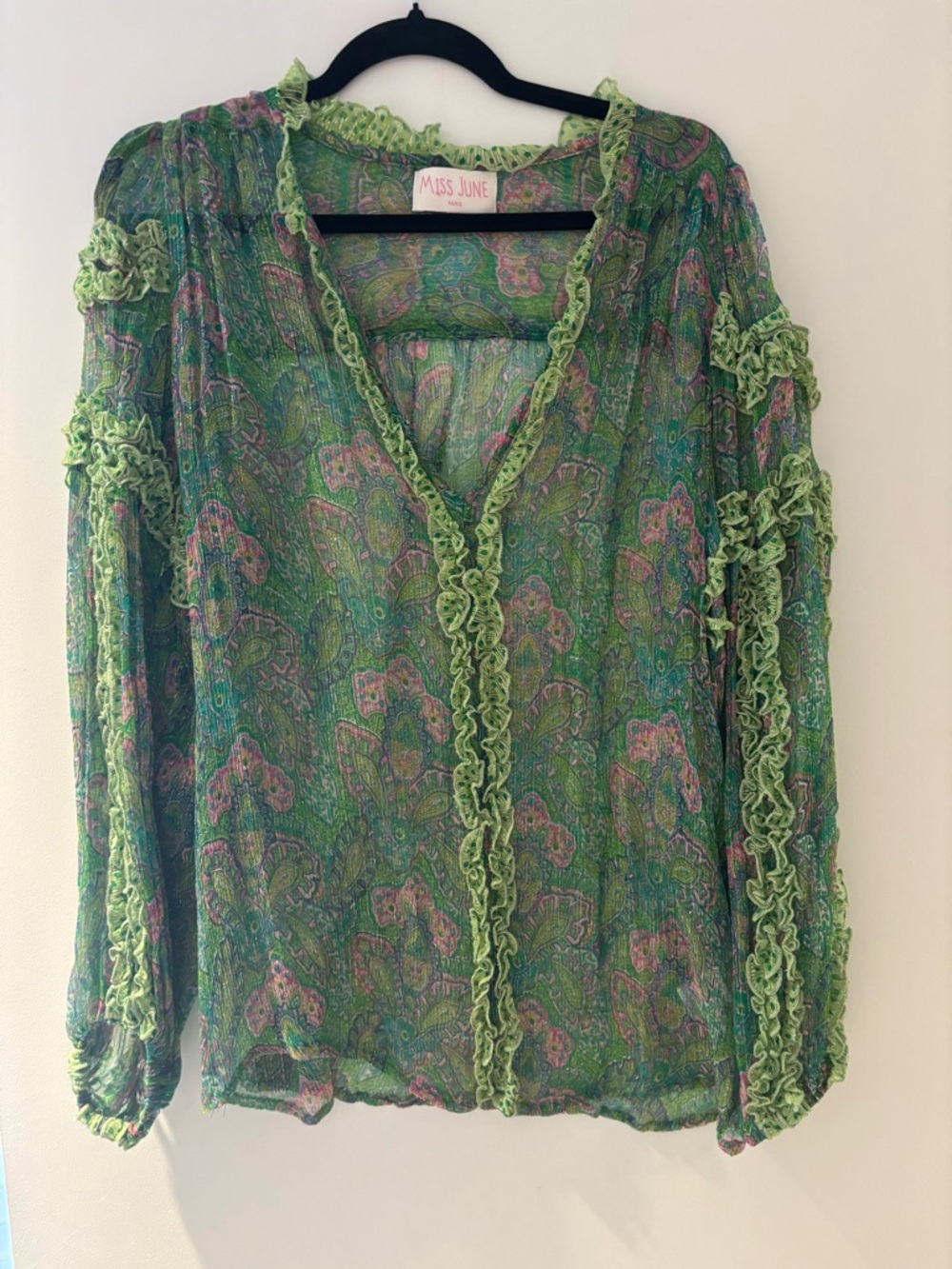 Miss June Green Paisley Ruffle V-Neck Blouse